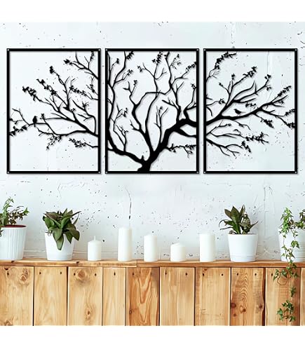 Petyoung - Décoration Murale Métal Forêt De Montagne (4 Pièces, 40x30 Cm) - Art 3D Moderne Pour Salon, Chambre, Bureau