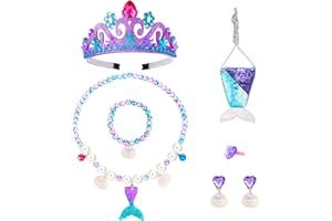Abeillo Zestaw biżuterii z syrenką dla dziewczynek, zestaw biżuterii syrenki w zestawie z koroną syrenki naszyjnik z muszlą syrenki bransoletka pierścionki kolczyki torby z organzy prezenty urodzinowe