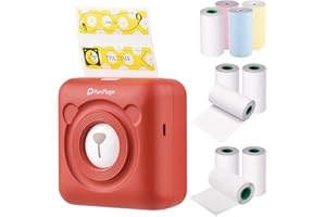 Bisofice Mini stampante fotografica A6, mini stampante termica tascabile wireless BT per foto, etichette, memo, ricevute, stampante per carta, funzione foto AR, con cavo USB, con 9 rotoli di carta