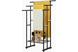FOUBAM Towel Rail, Towel Rack, Towel Ladder Standing with 3 Towel Rails, for Bath Towels, Blankets, Space-Saving, Sturdy, Industrial Style, Bathroom Towel Holder, Steel, Black