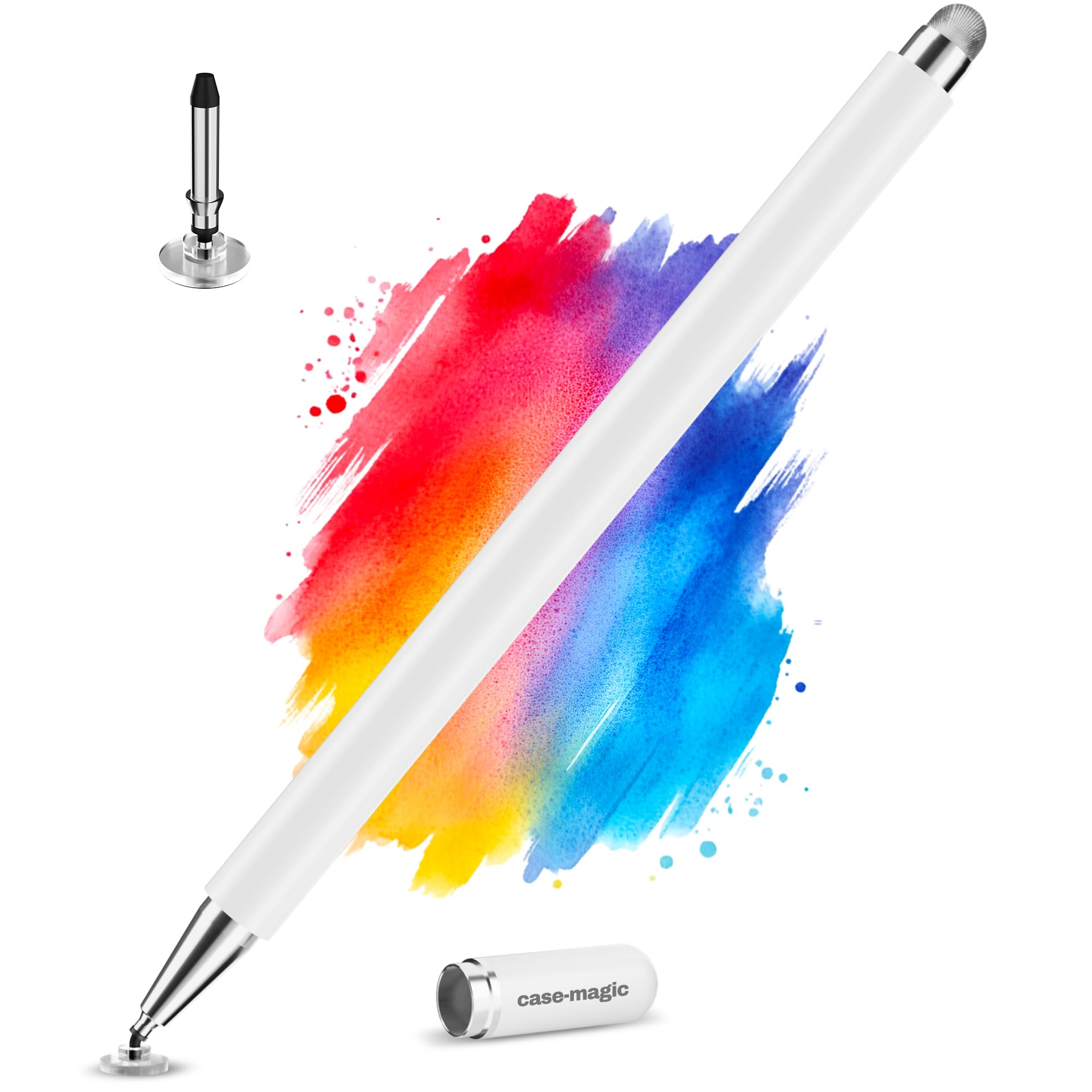 Case-Magic 2 in 1 Universal Stylus Pen with Fine Point Disc Tip+ Micro-Knit Hybrid Fiber Tip| for Smartphone/Tablet/iPad/Pro/Air/iPhone/iOS/Android/All Touch Screens| Aluminum Body (White)