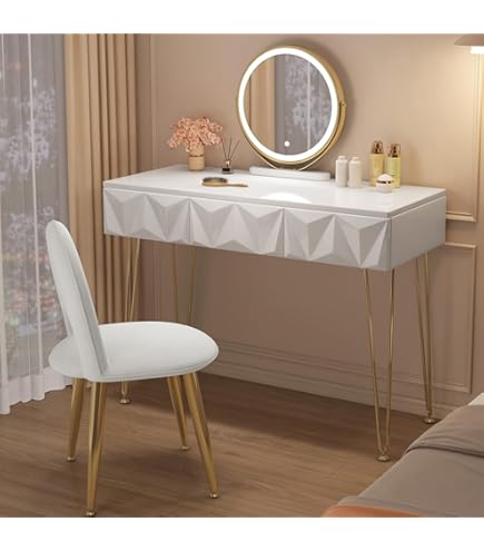 Coiffeuse Avec Miroir LED Réglable, Avec Tiroirs, 1 Commode,Miroir Pivotant,Effet Bois Marron Orangé - Coiffeuse - Tabouret