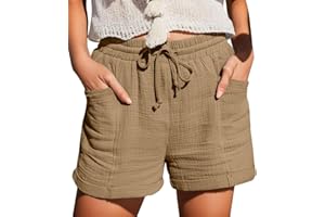 MEILYVIBA Damen Shorts Sommer Mode Lässige Musselin Hose mit hoher Taille Gerades Bein Sport Lässige Lockere Shorts mit Kordelzug Kurze Hose mit Taschen Gummiband Freizeit Shorts Elastische Stoffhose