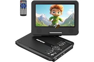 POFOTO Lecteur DVD Portable 9,5" avec écran pivotant HD 7,5" pour Voiture et Enfants, Autonomie 4-6 Heures, Support Multiformat Disques/SD/USB, Synchro TV, Deux Haut-parleurs, avec Chargeur Voiture