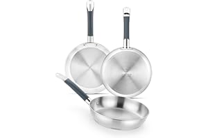 BRA Master Set de sartenes 20-24-28 cm, acero inoxidable, Sin Antiadherente, Sin PFOA, Full Induction, Apta para todo tipo de Cocinas, Mango acero inoxidable recubierto de Silicona