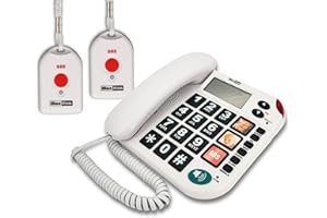 G-TELWARE MAXCOM KXT481SOS 2023-2024er Modell Haus Notruf Seniorentelefon mit Funk-SOS-Sender, Festnetztelefon - 2 Handsender mit Schlaufe, Carbonschwarz, Standard