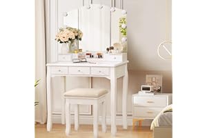 ANWBROAD Toletta Tavolo da toeletta 10 Lampadine Toeletta con Luci LED 3 Colorazioni Specchio Illuminato con 5 cassetti 2 DIY Divisori Fai da Te Sgabello Imbottito Bianco Mobile BDT05W