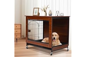 ARKYOMI Cage pour Chien Meuble, 78cm Niche Intérieure en Bois Moderne, Multi-Usage avec roulettes Silencieuses & Plateau Amovible, Adaptée aux Petits/Moyens Chiens, 78x55x73cm, Marron Vintage