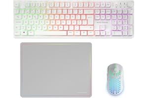 Mars Gaming MCPWX, Combo Gaming Inalámbrico, Tecnología DualPro Link 2.4GPRO, Teclado Completo FRGB con Control Multimedia + Ratón RGB 3200DPI + Alfombrilla Antideslizante 360x260mm, Blanco, Portugués