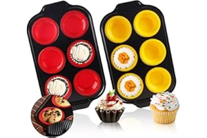 Vicalo Lot de 2 mini moules à muffins en silicone et acier au carbone, peut contenir 12 muffins, revêtement anti-adhésif résistant aux hautes températures, cupcakes brownies (rouge et jaune)