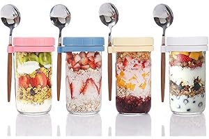 TempFoo Overnight Oats Jar Container set 4, 600ml Glass Mason Jars with Lids and Spoon, Cereal Milk Vegetable Fruit Salad Jam Protein porridge Clear Storage Containers, Breakfast Pots with Lid
