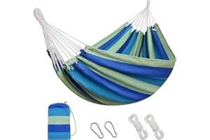 INNO STAGE Brasilianische Hängematte mit Baumgurten – Baumwoll-Hängematten tragbare Hängematte mit Tragetasche für Hinterhof, Veranda, Außen- und Innenbereich, gestreift (Blue Green Stripe)
