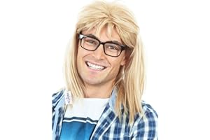 ALLAURA Compatible with Garth Wig – Blonde Mullet Wig + Black Glasses for Men – 80s 90s Rocker, Punk, Heavy Metal Costume – Funny Halloween Couples Outfit, Party Cosplay, Garth & Wayne Duo Look
