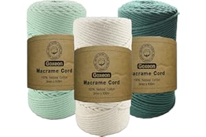 GOXEON 3 Pack Macrame Cord 3mm x100m Cotton Cord - 4 Strand Twisted Natural Cord for Wall Hanging, Plant Hangers, Crafts, Knitting(Beige+Blackish Green+Flower Green)