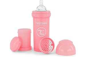 Twistshake Anti-Colic Baby Bottle with Milk Powder Container and Mixer - 260ml | Medium Flow Silicone Breast-Like Nipple | BPA- Free Baby Milk Bottle | Suitable for 2+ Month Babies | Pink