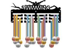 CREATCABIN Porte Médailles Natation Présentoir pour Médailles Sport Petits Prix Compétition Course Sportive Rubans Support Décoration en Métal Noir pour Suspension Murale 40+ médailles Joueur 29x13cm