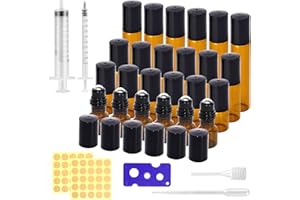 DYMHQ 24 Stück Braunglasflasche Roller Set, 2ml/3ml/5ml/10ml Glasflaschen Glasroller, Roll On Flasche mit Edelstahl Roller, Bernstein Glas Rolle Flaschen mit Spritze, Rollerflasche für Ätherische ÖLe