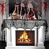 3AB Halloween Fireplace Decoration, Black Lace Spiderweb Fireplace Mantle Scarf, 18 x 96 inch Cobweb Fireplace Scarf for Halloween Party Decorations