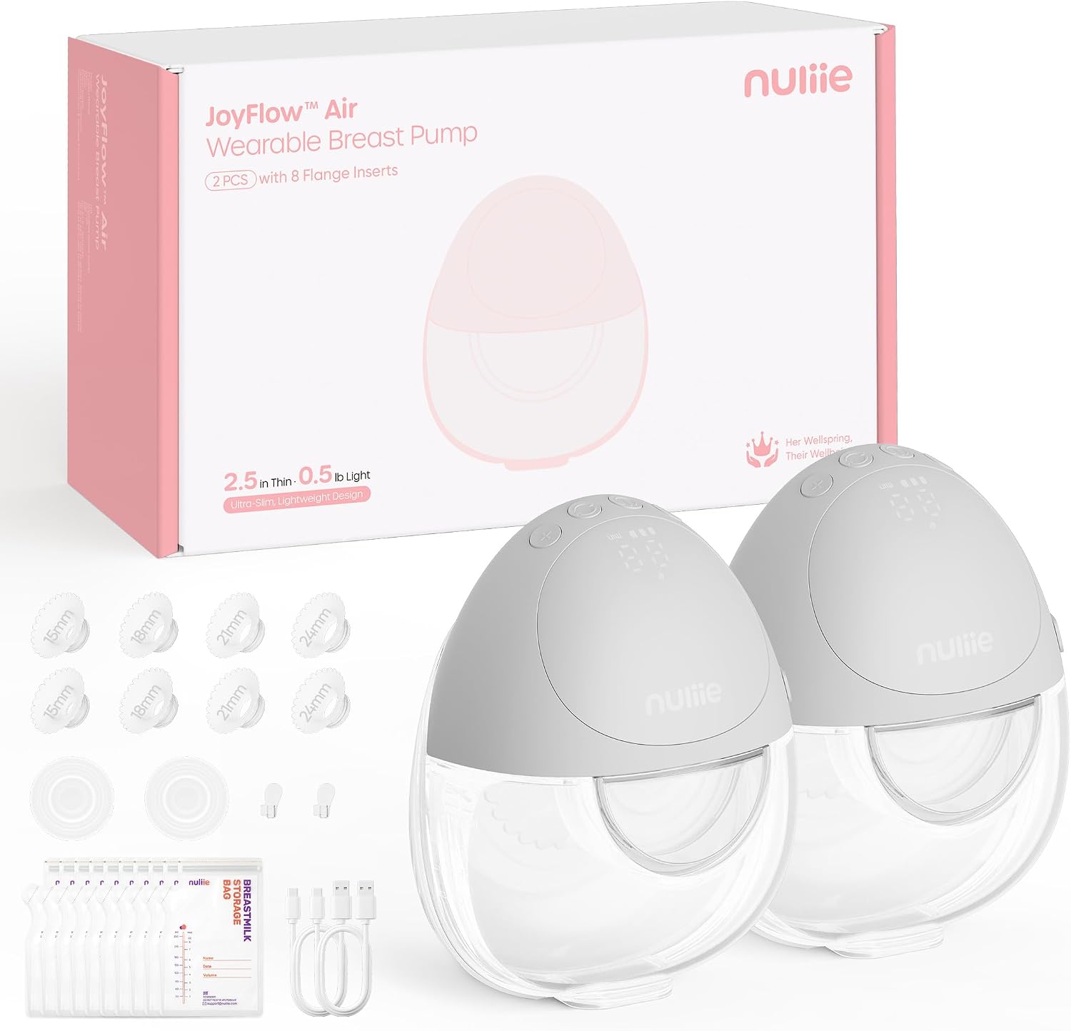 Nuliie JoyFlow Air - Sacaleche eléctrico, ultrafino y ligero, extractor de leche portátil manos libres, 3 modos & 12 niveles, silencioso y sin BPA, brida de 27 mm y puntas 15/18/21/24 mm (2 paquetes