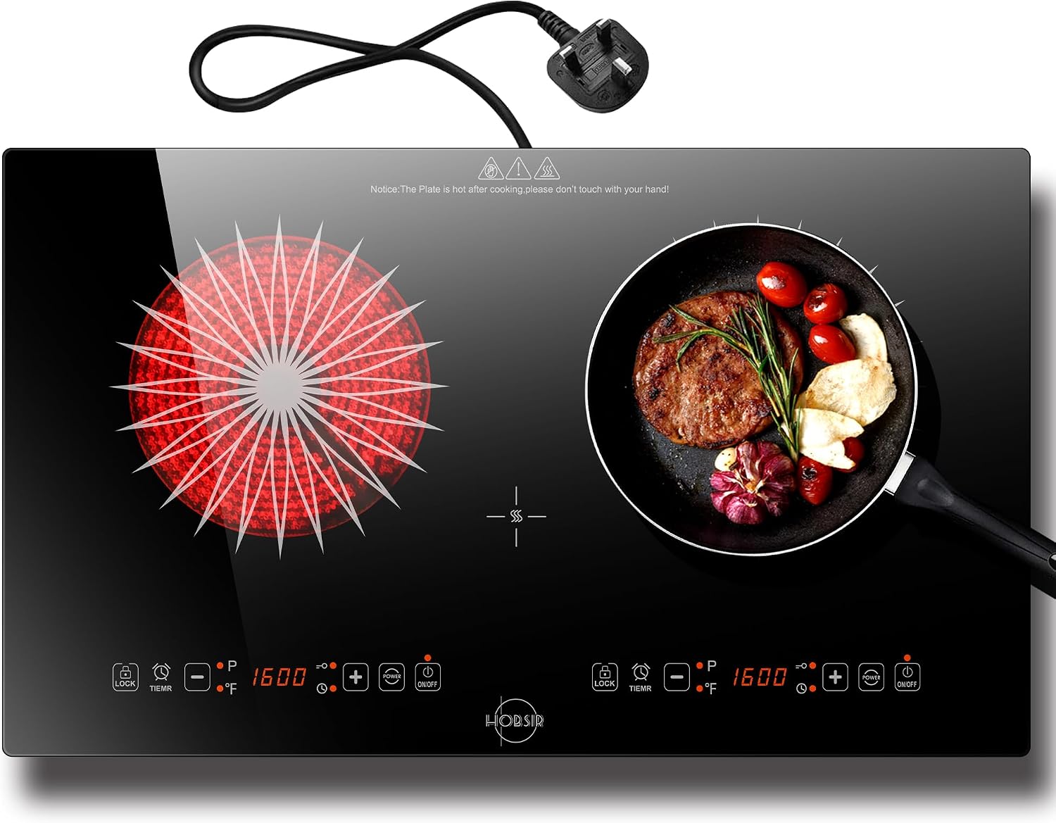 Double Ceramic Hob, 3200W Plug in Electric Hob 60cm Built-in Cooktops with 2 Burners, 9 Power Levels, Timer, Safety Lock & Sensor Touch Control, 220-240V