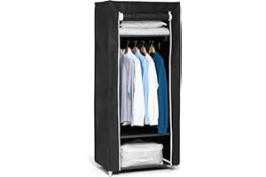 Hododou Single Canvas Wardrobe Portable Wardrobe Fabric Wardrobes for Bedroom Foldable Closet with Hanging Rail and Shelves, for Clothes, Bags, Toys, Shoes, 160 x 59 x 43CM, Black
