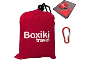 Boxiki Travel Compact Waterproof Pocket Beach Blanket Portable Lightweight Folding Tarp with Red Travel Case. Outdoor Picnic Camping Blanket with Easy Attachment Clip Accessory.