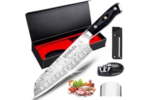 MOSFiATA Couteau Santoku - Couteau de chef - Couteau de cuisine professionnel - Couteau polyvalent - En acier inoxydable - Lame très tranchante avec boîte cadeau