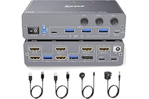 ESKEVE 4K/1080P@60Hz USB C HDMI DP Dual Monitor KVM Switch 2 Monitor 2 Computers 1 Laptop with 4 USB 3.0 Ports, EDID Simulation, PD 73W for Laptop, Wired Remote Control and USB Cables Included