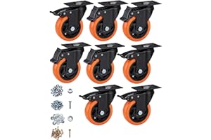 ASRINIEY 100mm Castors, Heavy Duty Castor Wheels, Swivel Castors with Brake (Top Plate) - Caster Wheels Set of 8, Casters and Wheels for Furniture, Non Marking Orange Polyurethane Trolley Wheels