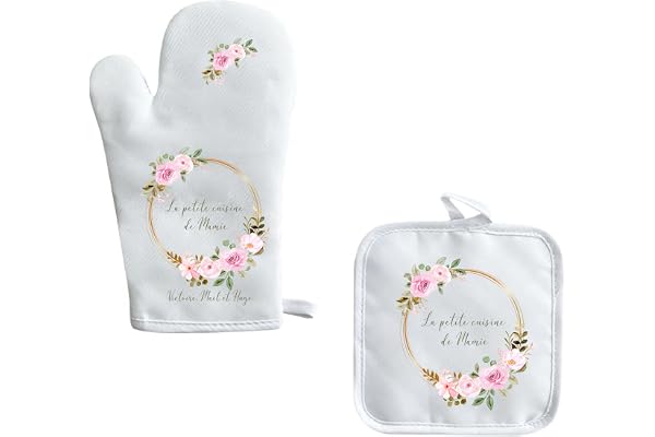 Gant et Manique Personnalisés La Petite Cuisine de Mamie – Couronne de Fleurs Élégante – Cadeau Fête des Grands-Mères – Inscription avec Prénom des Petits-Enfants