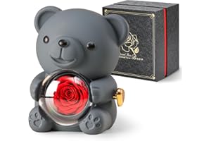 Ariceleo Oso de Peluche Romántico con Rosa Preservada - Caja de Joyas Oculta y Collar en Forma de Corazón Día de San Valentín, Día de la Madre, Bodas, Aniversarios (Gris)