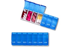 MEDIPILL - Pilulier Semainier Français | Pilulier 7 jours - 7 Compartiments | Compact et Durable | Sans BPA | Bleu | Une Pièce | MED-S7S-B