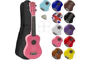 Mad About SU8-PK Ukulele soprano in rosa con custodia morbida, plettro e corde di ricambio, Ora dotato di corde in carbonio nere che offrono un suono più brillante