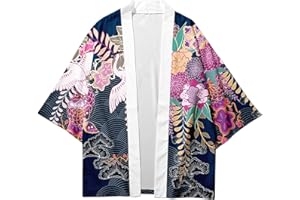CIZEUR Hombre Hippie Camisa Kimono Japonés Estampado Holgado Manga 3/4