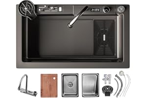 KOOGIMDDR Fregadero de cocina de acero inoxidable 80x45cm, montaje inferior, moderno, con grifo de cascada LED y tabla de cortar deslizante