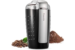 REEMIX Electric Coffee Grinder, 200W, 100g Capacity, One Touch Operation, Blade and Cup Made with Stainless Steel, Includes Cleaning Brush (Black)