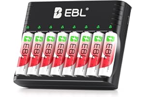 EBL 8 x 3000mWh Pilas Recargables AA 1.5V, Nueva Versión Cargador para 1.2V/1.5V NiMH/Litio AA AAA, 1600Ciclos Larga Duración, 1,5V Batería Litio Constantes para Cámara de Blink/Vigilancia/Caza