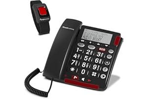 Amplicomms BigTel 50 Alarm Plus, téléphone Filaire à Grosses Touches avec Bouton SOS et Bracelet d'urgence, Son Puissant, Compatible avec Les appareils auditifs