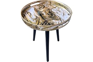 Simmer Stone Round Indoor Side Tables with Detachable Wooden 3 Legs, Versatile Tray Table, Perfect For Round Coffee Table Tea, and Relaxation Time 17.7 Inch (Marble Black Gold)