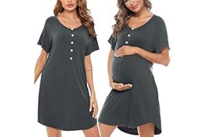 Sykooria Women's Maternity Nightdress Breastfeeding Nightwear Short Sleeve Nursing Nightgown Button Down Sleep Shirt V Neck Pajama Tops Soft Loungwear For Pregnant Women