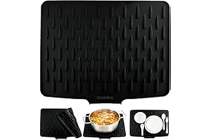 HUACOMMERCE Silicone Dish Drying Mat, Heat-Resistant, Non-Slip Sink Drainer Board & Foldable for Easy Storage. The Essential worktop Saver for counters, Sinks, Tables & refrigerators. (Black, 40x32cm)