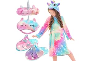 POWZOO Albornoz para Niños, Albornoz de Unicornio Suave con Capucha,4pc incluidas Albornoz con capucha con Pantuflas+Diadema+Antifaz.Un regalo cálido para una niña de (100-130 cm) de altura.