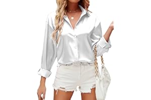 HANERDUN Chemisier pour Femmes Manches Longues Chemise à col en V La Soie Élégante Casual Tops Chemisier uni de Travail à Boutons sur Le Devant Top de Soirée Business