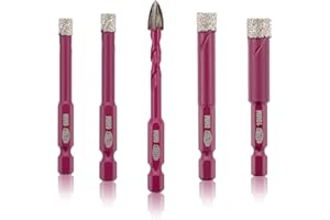 QUEFORET Diamond Drill Bits Set 5pcs - 4pcs 6/6/8/10mm Dry Hole Saw, 1pc 6mm Carbide Bit for Ceramic Porcelain Tile Marble Granite, Quick Change Hex Shank