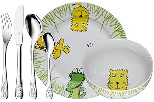 WMF Safari - Vajilla para niños 6 piezas, incluye plato, cuenco y cubertería (tenedor, cuchillo de mesa, cuchara y cuchara pequeña) WMF Kids infantil Acero Inoxidable Cromargan