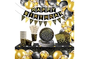iZoeL Vaisselle Jetable Anniversaire Or Noir, Decoration Anniversaire Homme Femme, 46pcs Arche Ballon anniversaire Nappe Rideau Bruant Serviettes Assiettes Tasses Paille 10g Confettis