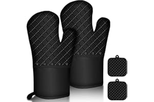 YOGINGO Set of 4 Oven Gloves, 300°C Pot Holders & Non-Slip Silicone Long Oven Gloves, Cooking Gloves, Heat Resistant, Oven Gloves for Kitchen, Baking, BBQ