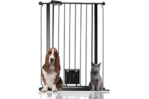 Bettacare Barrière pour Chien avec Chatière Verrouillable, 75cm - 84cm, Noir, Hauteur de 104cm, Barrière de Sécurité pour Animaux Extra Haute avec Chatière pour Chat