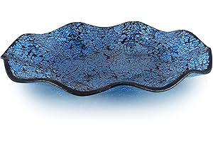 BIMUYI Mosaic Decorative Glass Tray, Centerpiece Plate, Diameter of 29.5cm, Wave Shape Glass Bowl (Turquoise)
