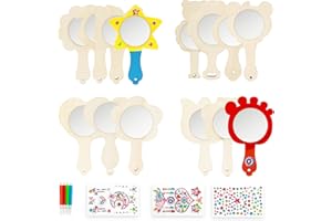 WYTNB 14Pcs Wooden Princess Mirror Craft Kit, Creative Toy Unfinished Mini Mirror, Toy Handcrafted Hand Mirror with Color Pencils Diamond Sticker, DIY Mirror Painting for Children Parties Projects Holidays